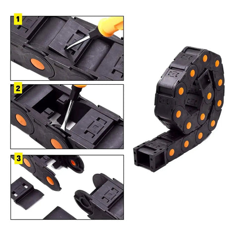 Detail view of Heavy Duty 39.3 Inch Plastic Drag Chain Cable Carrier for CNC Routers and Industrial Machines showing assembly steps.