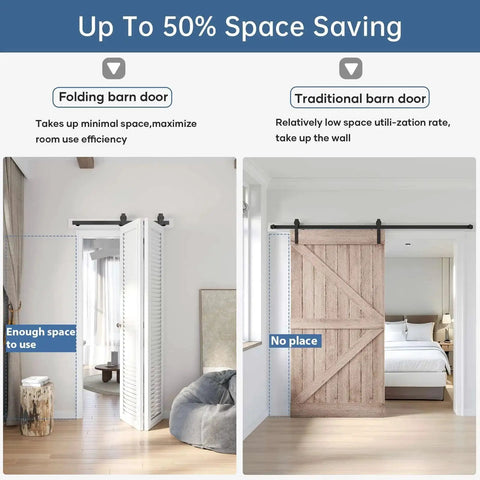 Comparison of 88 Inch Bifold Sliding Barn Door Hardware Track Kit with traditional barn door in room setting