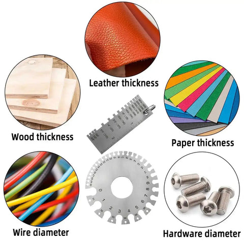 Image showing Two Pack Stainless Steel Wire And Metal Sheet Thickness Gauges demonstrating measurement of leather, wood, paper, wire, and hardware.