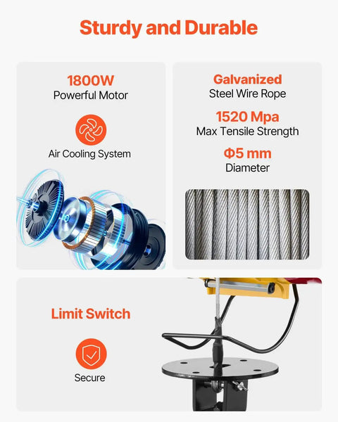 2 In 1 Electric Hoist Winch 1100 Lb Capacity 1800W 98 Ft Lift Remote Control features motor, steel wire rope, limit switch