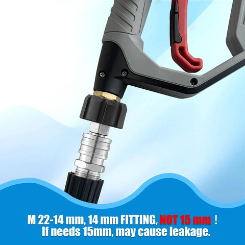 Close-up of Stainless Steel Pressure Washer Adapter Set M22 To One Quarter Inch Quick Connect Gun To Wand Conversion 14 Mm Fitting