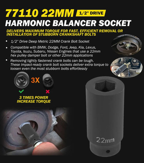 22mm Harmonic Balancer Socket, 1/2 Inch Drive, Deep Impact, shown in use on crank bolt for Toyota Dodge Ford Jeep Kia engines