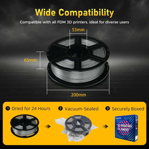 Petg Filament 1.75mm Metallic Silver For 3D Printing Ultra Fast 600mm/s High Speed Printing 1kg Spool Dimensions