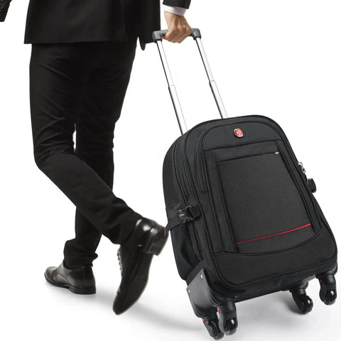 Person pulling a rolling backpack with four extra wheels, water resistant and airline approved, 18x14x8 size for everyday travel