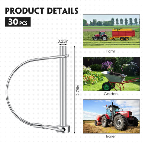 30 Piece Trailer Hitch Pin Locks Set Beefed-Up Built Tough 2-3/4 Inch By 1/4 Inch PTO Shaft Locking Safety Coupler Pins Carbon Steel Arch Design