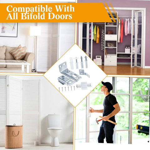 12 Pack Bifold Door Hardware Kit For Closet Doors Replacement Parts Including Track With Guide Wheel For Seven Eighths To One Inch Size Three Eighths Inch Pivot Top And Bottom Brackets For Folding Sliding Barn Doors in various use scenarios
