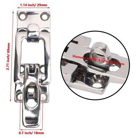 Front view of 316 stainless steel anti-rattle hatch latch with padlock hole and center tension cam.