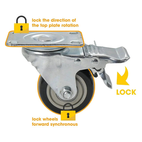 Close-up of locking swivel caster with brake for Heavy-Duty Plastic Drum Dolly For 30 And 55 Gallon Drums, 900 Lb Capacity