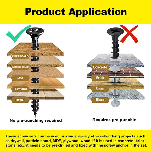 Outdoor Wood Screw Set application in plywood, MDF, brick, concrete, timber; no pre-punching needed on wood, required on brick.