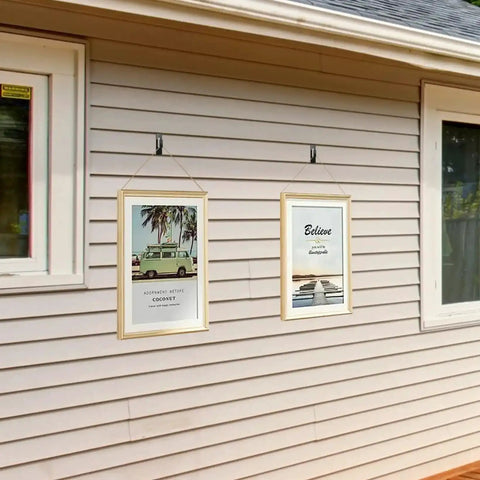 Heavy Duty Slatwall Notch Hook Set holding photo frames on a house exterior, Stainless Steel Slat Wall Hangers For Photo Frames And Artwork