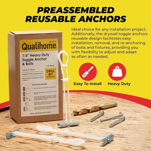 One Quarter Inch Twenty Toggle Anchors With Bolts For Hollow Walls Heavy Duty Winged Anchors Adjustable Up To Two And A Half Inches Thick Holds Up To 1080 Lbs Includes Heavy Duty Drill Bit Pack Of 12 displayed with box and sample anchors