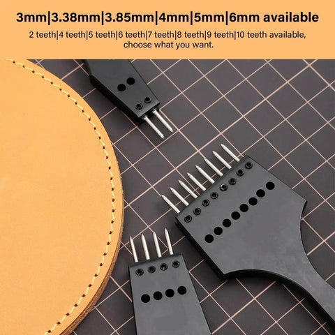 Close-up of Leather Stitching Punch Set With Removable Hole Heads for DIY leather craft, featuring stainless steel pricking irons
