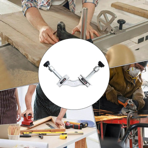 Heavy Duty Stainless Steel Pipe Clamp Fixture With 90 Degree Corner Squares Adjustable Magnetic Alignment Tool depicted with wood and metal work settings in background, showcasing usage versatility in shelving, cabinet making, welding, and framing applications.