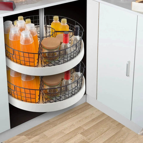 2 Pack Lazy Susan Baskets With 1 Quarter Wedge Bins For 18 To 20 Inch Turntable Cabinet Organizer, metal baskets in cabinet.