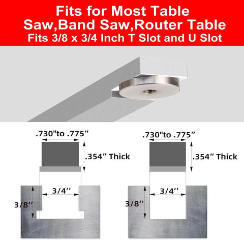 Diagram showing dimensions and compatibility of Compact Table Saw Miter Gauge with 360mm Fence for T and U slots.