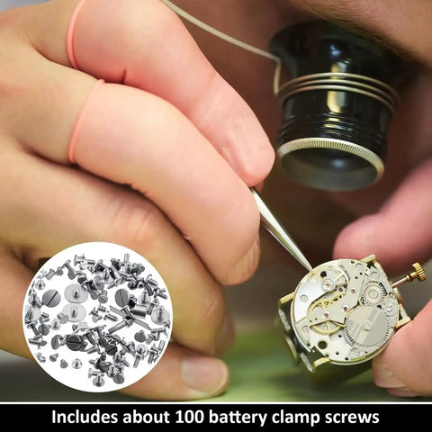 Watchmaker using 100 Piece Micro Watch Screw Kit With Copper Battery Clamp Screws Replacement Set For Repair And Watchmaking.
