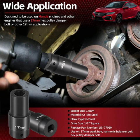 17mm Harmonic Balancer Socket For Half Inch Drive in use on Honda engine pulley, high torque impact tool, heat treated alloy steel