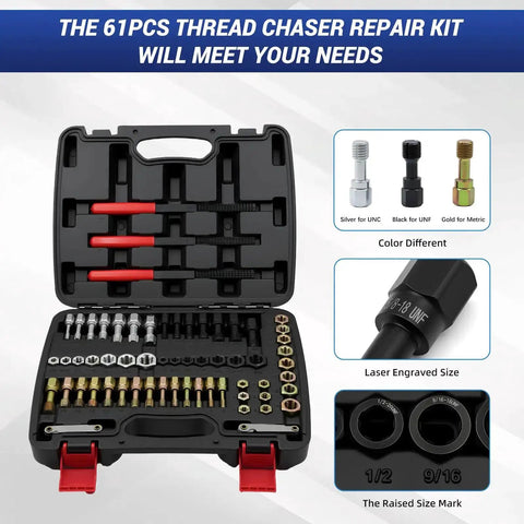 61 Piece Thread Repair Kit For Auto Mechanics And DIYers With Taps Dies Files And Pitch Gauges Rethread Damaged Screws Bolts And Nuts In UNC UNF And Metric M6 To M14, open case display.