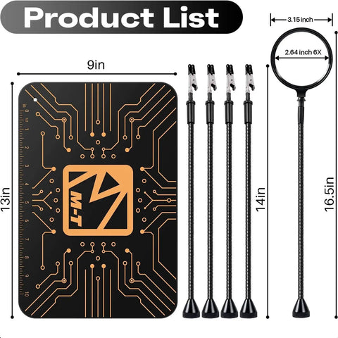 Helping Hands Soldering Station With Magnetic Third Hand Tool And 5X Magnifying Glass, 13X9 Inch Non Slip Steel Weighted Base, Four Arm PCB Holder For Electronics Repair, Soldering Jewelry, Crafts And Welding product components showing dimensions.