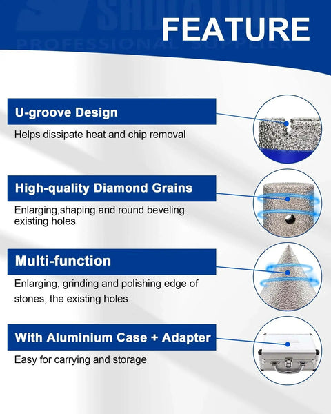 Features of Diamond Tile Drill Bits Set 10 Piece For DIY Pros Porcelain Ceramic Marble Granite Dry And Wet Drilling displayed.