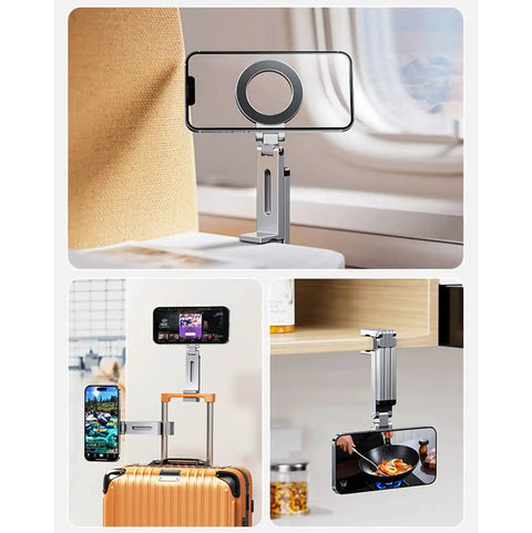 Aluminum Magnetic Phone Tripod For iPhone 12 Through 16 Pro Max Series on desk and suitcase, 360-degree adjustable, MagSafe compatible