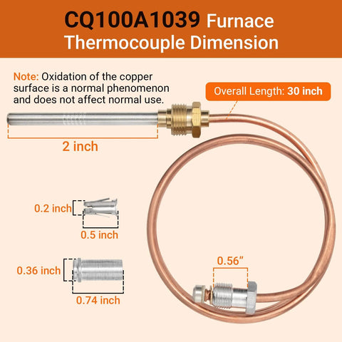 Furnace thermocouple with copper tube and adapter, 30-inch overall length for Honeywell pilot burners
