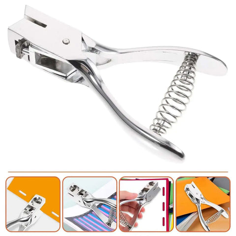 Oval Manual Hole Puncher Handy Portable Paper Punch Tool for office and crafting up to eight sheets, side view with steel body.