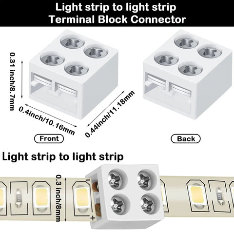 25 Pack Solderless LED Tape Light Connectors Tape To Tape Quick Screw Down Terminal Block 2 Pin For Strip Lights 0.3 Inch 8mm
