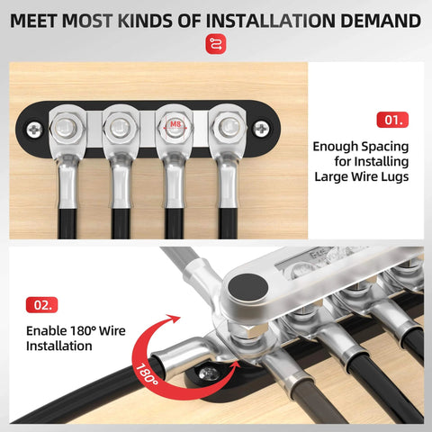 Bus Bar 12V 150A Mini Power Distribution Block With Cover, showcasing large wire lugs and 180° wire installation.