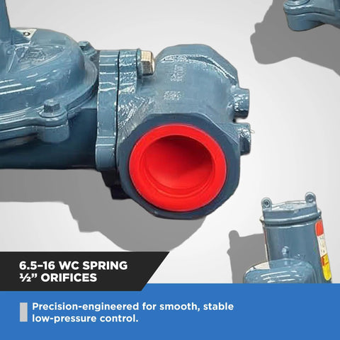 Natural gas regulator with blue metal body and red 1/2-in NPT inlet, close-up view