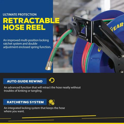 Close-up of Retractable Welding Hose Reel With Twin Oxygen And Acetylene Rubber Hoses Heavy Duty Steel Arm Three Hundred PSI Rating
