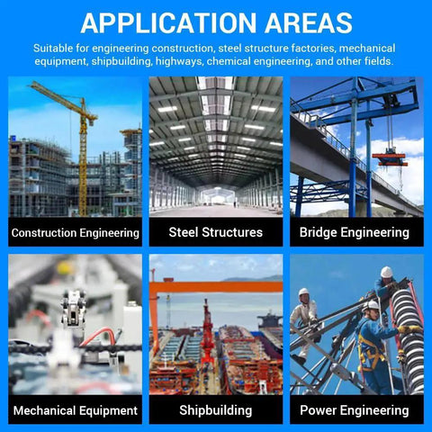 Image showing application areas including construction engineering, steel structures, bridge engineering, mechanical equipment, shipbuilding, and power engineering.