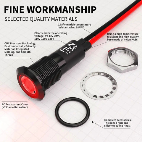 Red LED indicator light with metal housing, labeled 12-24V, surrounded by labeled components, showcasing its fine workmanship.