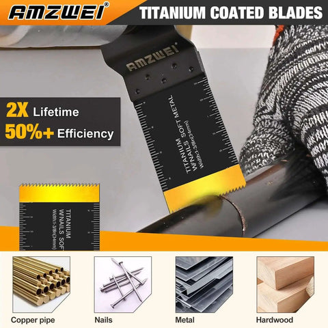 50 Piece Titanium Oscillating Tool Blade Kit For Metal Wood Plastic That Cuts Like A Boss With Curved Edge And HCS Blades Includes 5 Titanium Blades 25 Curved Edge Blades 20 HCS Blades Compatible With DeWalt Milwaukee Ryobi Rockwell Fein cutting demonstration on metal pipe with materials list featuring copper, nails, and wood.
