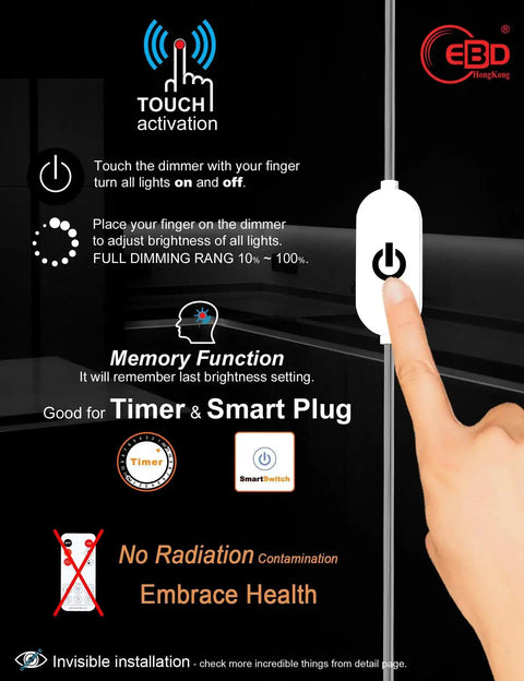 Touch dimmer control for Ultra Bright LED Under Shelf Lighting For Wide Shelves 8 Panel Kit with adjustable brightness and memory function