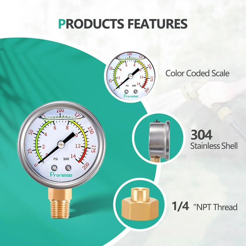 Pronese 2-inch stainless steel pressure gauge kit with color-coded 0–200 PSI dial and 1/4 in NPT thread.