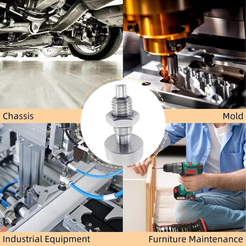 Collage showing Two Pack Retractable Spring Plungers M16x2 Stainless Steel Lockout Handle in various industrial settings.