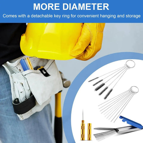 Worker with Carburetor Cleaning Kit Pro Grade All In One with Torch Tip Cleaner Stainless Steel Tools in tool belt.
