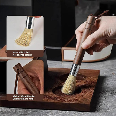 Grinder Cleaning Brush Set With Walnut Wood Handle And Natural Bristles For Espresso Machines And Home Baristas in use