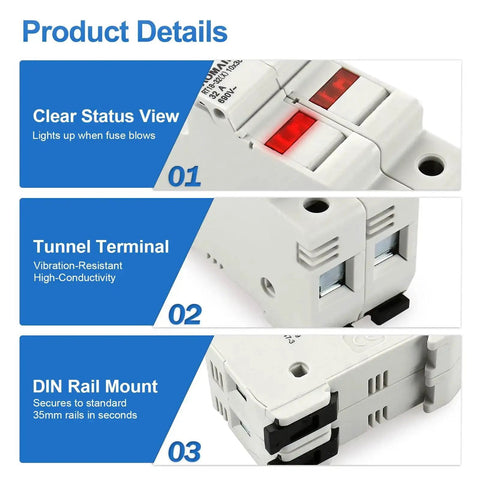 RT18-32 Two Pole Fuse Holder Base with 10x38mm 20A Ceramic Fuses, DIN Rail Mount, showing LED indicator, terminals, and rail mount.
