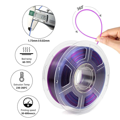 Crystal Clear PETG 3D Printer Filament 1.75mm Ultra Transparent Blue Purple 1kg Spool with measurement details and print settings