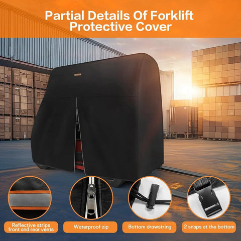 Universal Forklift Weather Cover With Zipper Door And Reflective Strips 8000 Lbs, showing front view with waterproof zip.