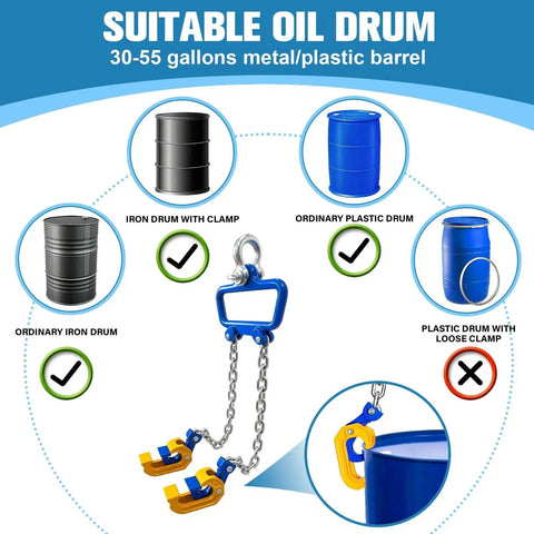 Front view of blue SENKEYFE chain drum lifter with self-locking hook for 30–55 gallon drums