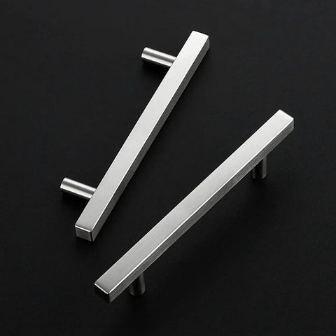 Brushed Nickel Cabinet Handles Set Of 10 Square Pulls 4-1/2 Inch Center To Center, shown on a black background
