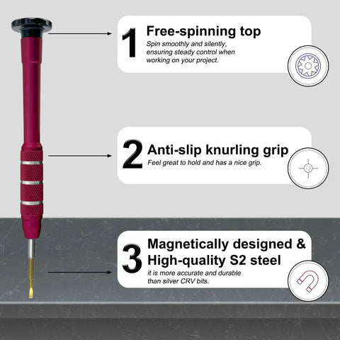 1.5Mm Precision Flat Head Screwdriver For Electronics with Magnetic S2 Steel Tip, Anti Slip Aluminum Handle, Free Spin Cap illustrated features