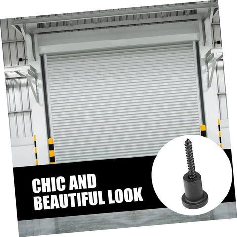 Metal roll-up door in a warehouse with circular zoom-in on a black screw stopper, titled 'Chic and Beautiful Look.'