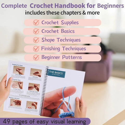 Hands holding crochet handbook with checklist and visible purple bag, part of Deluxe Beginner Crochet Kit Bundle With 116 Piece Set.