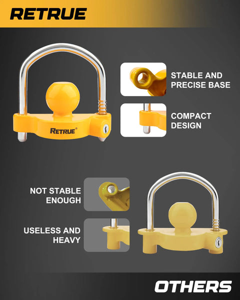 Heavy Duty Universal Trailer Coupler Lock Fits 1-7/8 Inch 2 Inch and 2-5/16 Inch Hitches Yellow Finish Includes 2 Keys Theft Deterrent and Easy Lock Up shown from front and side angles.