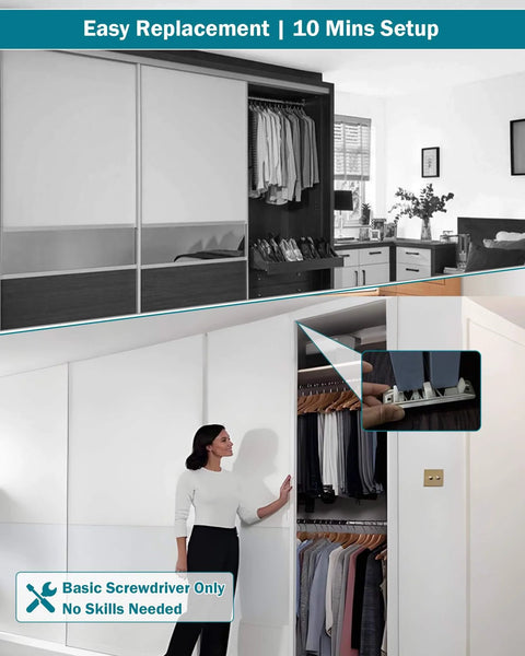 Sliding Closet Door Roller Kit With Track For Top Hung Doors Replacement Set Includes Front And Rear Nylon Wheels No Squeak Quiet