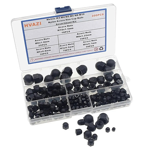 Nylon Acorn Hex Cap Nuts Assortment Kit In Metric Sizes M3 M4 M5 M6 M8 M10 Black Finish Smooth Rounded Head
